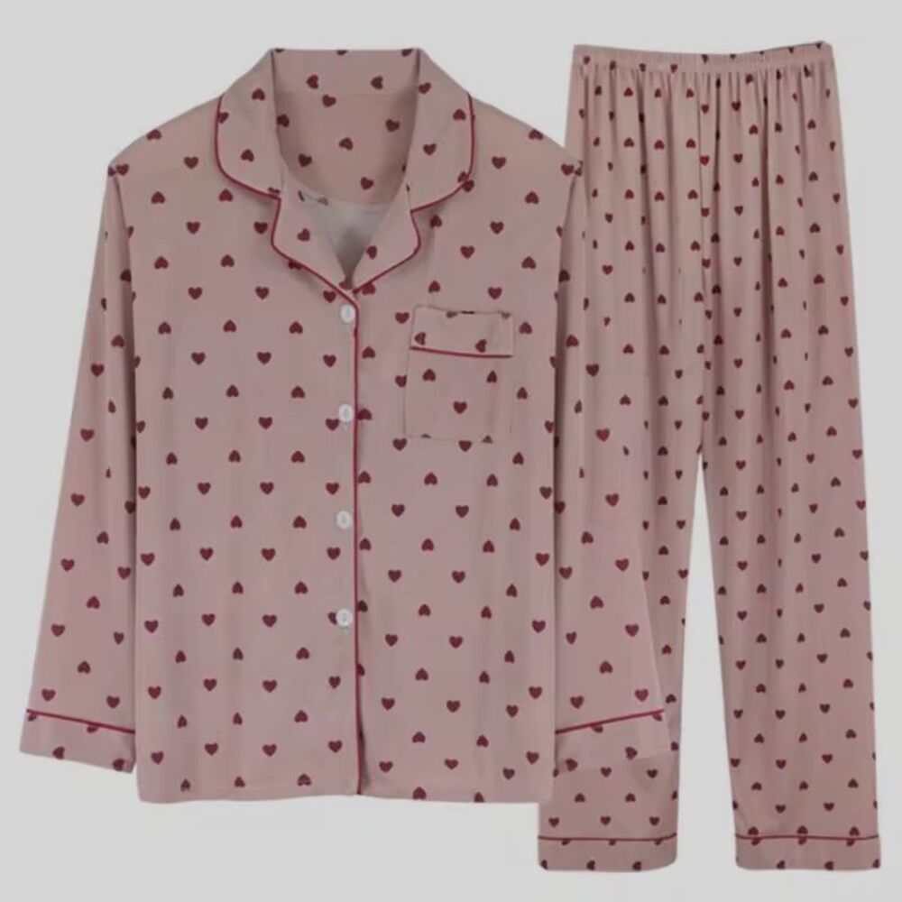 Womens M Pink Print Soft Knit Pajama Set Button Up Long Sleeve Shirt Pants 2 pc